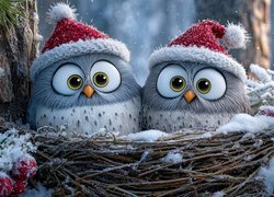 Sowy, Gniazdo, Drzewo, Czapki, Grafika AI