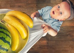 Dziecko, Chłopczyk, Owoce, Arbuz, Banany