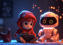 Dziecko, Bluza, Kaptur, Laptop, Robot, Anime, Grafika