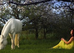 Dziewczyna pod drzewem i biały koń na trawie