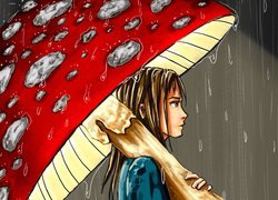 Dziewczyna pod parasolem z muchomora w grafice