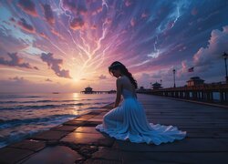 Morze, Dziewczyna, Biała, Suknia, Niebo, Zachód słońca, Chmury, Molo