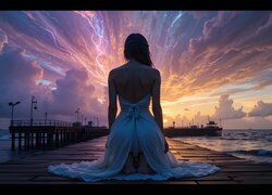Grafika, Komputerowa, Krajobraz, Osoba, Dziewczyna, Sukienka, Biała, Siedząca, Molo, Morze, Nabrzeże, Niebo, Zachód, Słońca, Chmury, Fantasy Fantasy