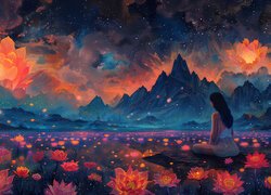 Grafika, Góry, Kwiaty, Dziewczyna, Kolory