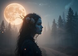 Drzewa, Księżyc, Dziewczyna, Grafika AI