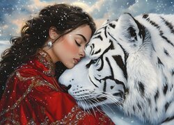 Dziewczyna, Suknia, Czerwona, Tygrys, Biały, Grafika