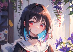 Dziewczyna, Mundurek, Kwiaty, Światło, Słoneczne, Anime