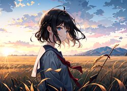 Dziewczyna w mundurku szkolnym na polu w anime