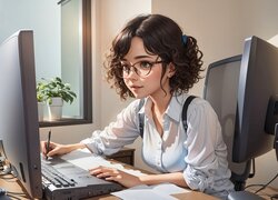 Dziewczyna w okularach przy komputerze w grafice
