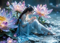 Grafika, Dziewczyna, Kwiaty