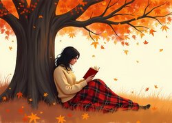 Jesień, Dziewczyna, Spódnica, Książka, Drzewo, Grafika