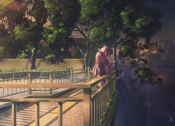 Anime, Koe No Katachi, Dziewczyna, Chłopak, Barierki, Most, Drzewa