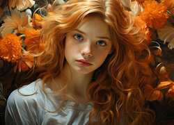 Dziewczyna z długimi rudymi włosami wśród kwiatów