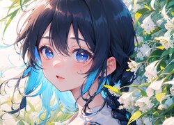 Dziewczyna, Niebieskie, Oczy, Kwiaty, Anime