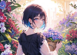 Ciemnowłosa, Dziewczyna, Kwiaty, Anime