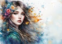 Dziewczyna, Kwiaty, Akwarela