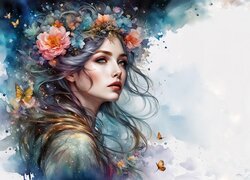 Grafika, Dziewczyna, Kwiaty, Motyle