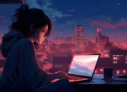 Dziewczyna, Laptop, Okno, Noc, Anime
