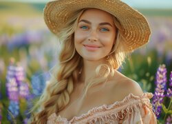 Dziewczyna, Uśmiech, Blondynka, Niebieskooka, Warkocz, Kapelusz, Grafika AI