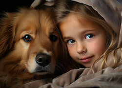 Dziewczynka otulona pledem i przytulona do psa