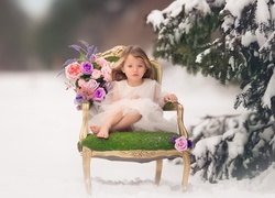 Dziewczynka, Sukienka, Fotel, Kwiaty, Świerk, Śnieg