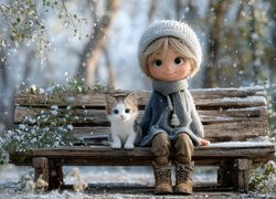 Dziewczynka, Kot, Ławka, Grafika AI