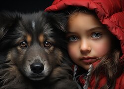 Dziewczynka w czerwonej kurtce z psem