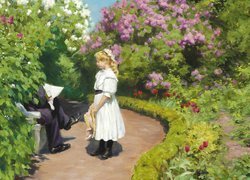 Park, Ogród, Kwiaty, Dziewczynka, Kapelusz, Malarstwo, Hans Andersen Brendekilde