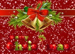 Boże Narodzenie, Dekoracja, Świąteczna, Dzwoneczki, Gałązki, Wstążka, Napis, Merry Christmas