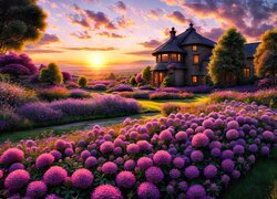 Fioletowe kwiaty przed domem w blasku zachodzącego słońca