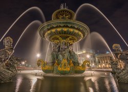 Fontanna Mórz, Fontaine des Mers, Rzeźby, Noc, Place de la Concorde, Plac Zgody, Paryż, Francja