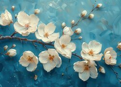 Białe, Kwiaty, Gałązka, Niebieskie, Tło