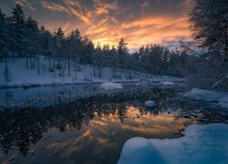 Norwegia, Gmina Ringerike, Zima, Śnieg, Zachód słońca, Jezioro, Las, Drzewa
