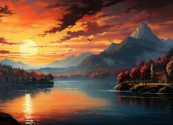 Góry i jesienne drzewa nad jeziorem w blasku wschodzącego słońca