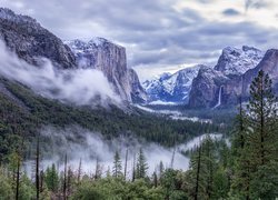 Góry i zamglone lasy w Parku Narodowym Yosemite