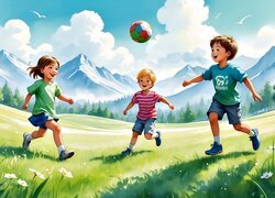 Dzieci grające w piłkę na łące
