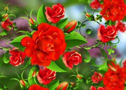 Graficzne czerwone róże z liśćmi