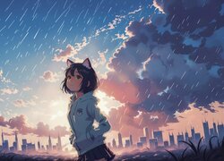 Dziewczyna, Uszy, Niebo, Chmury, Deszcz, Anime