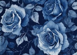 Grafika róż z listkami w biało-niebieskiej tonacji