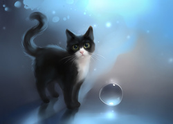 Grafika z czarno-białym kotkiem i kulką