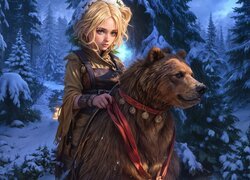 Dziewczyna, Niedźwiedź, Zima, Las, Grafika