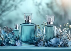 Grafika z flakonami perfum obok kwiatów