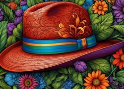 Grafika z kapeluszem i kolorowymi kwiatami