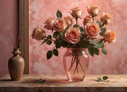 Herbaciane róże w wazonie na stole