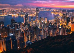 Hongkong, Wschód słońca, Oświetlone, Wieżowce, Zatoka Wiktorii, Port Wiktorii, Chiny