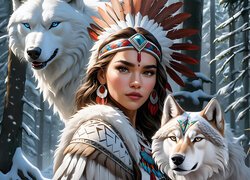 Indianka z białymi wilkami w lesie