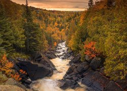 Jesień, Kolorowe, Drzewa, Rzeka, Poplar River, Kamienie, Manitoba, Kanada