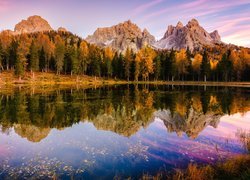 Jezioro, Antorno Lake, Góry, Dolomity, Jesień, Drzewa, Las, Prowincja Belluno, Włochy