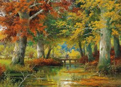 Malarstwo, Obraz, Alois Arnegger, Jesień, Rzeka, Most, Drzewa