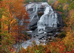 Jesień, Skały, Wodospad, High Falls, Kolorowe, Drzewa, Karolina Północna, Stany Zjednoczone